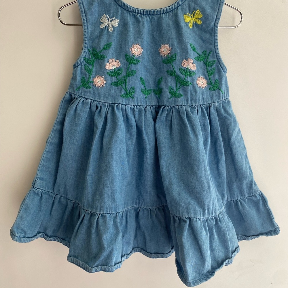 Blue Denim Kids Dress with Floral Embroidery